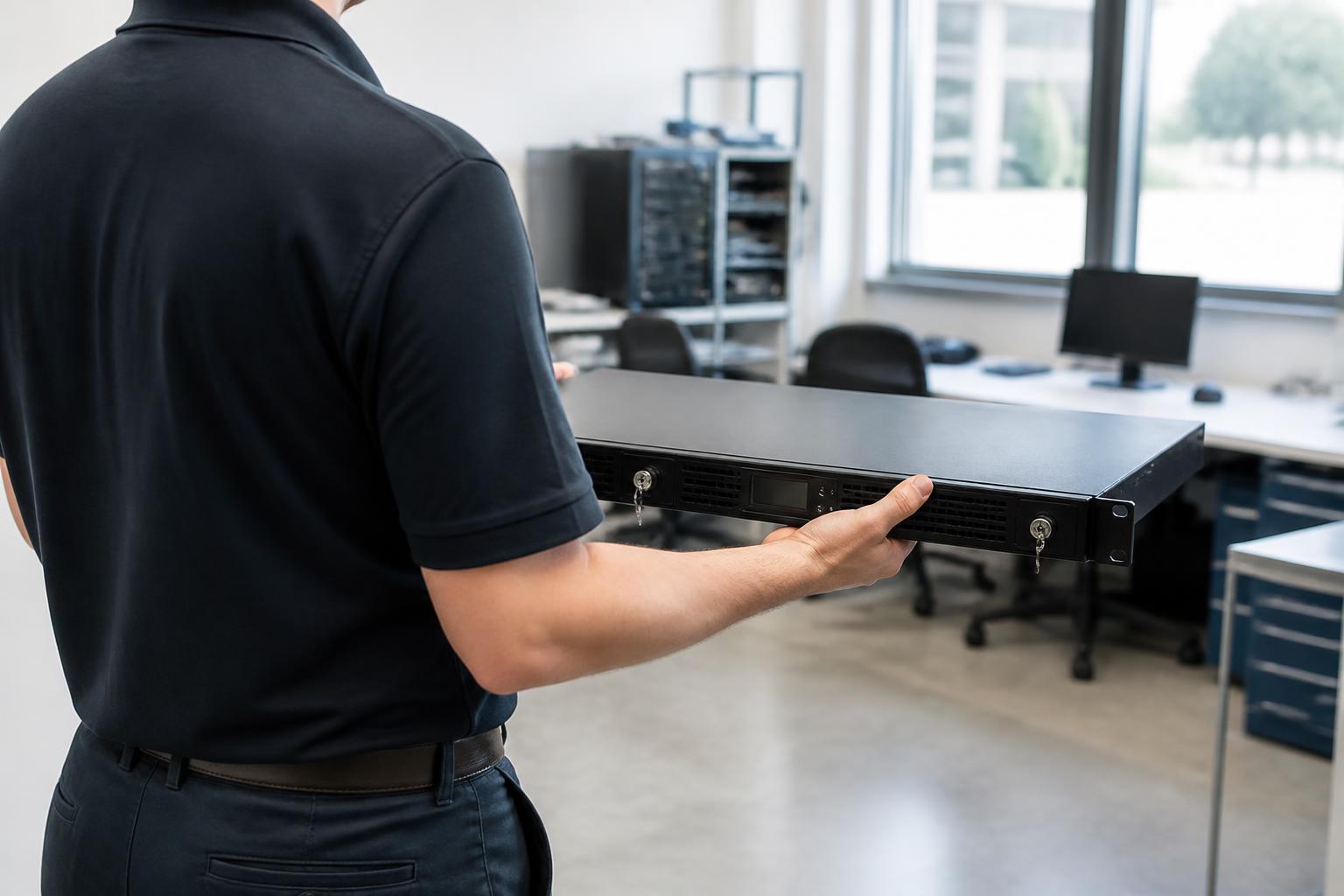 Specialist met een hardware security module in de technische ruimte
